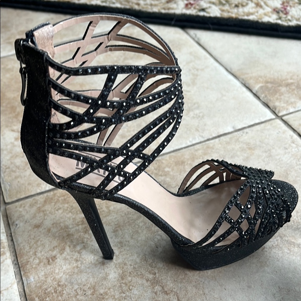 Mix No-6 Black Platform Heels with Art Deco Strappy Metallic Butterfly Design